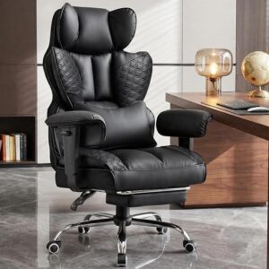 GTPOFFICE Big and Tall Office Chair 400LBS Wide Seat Computer Gaming Chair with Footrest & Comfy Lumbar Support, Leather High Back Executive Chair with Ergonomic Pressure Relief Seat Cushion, Black
