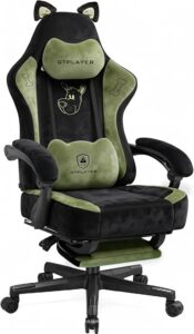 GTPOFFICE Cute Gaming Chair with Cat Ears, Ergonomic Computer Chair with Footrest Cat Paw Lumbar Support Comfortable Reclining Game Chair Desk Chair for Adult Teens, Soft Fabric, Green