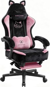 GTPOFFICE Cute Gaming Chair with Cat Ears, Ergonomic Computer Chair with Footrest Cat Paw Lumbar Support Comfortable Reclining Game Chair Desk Chair for Adult Teens, Soft Fabric, Pink Black