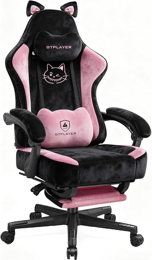 GTPOFFICE Cute Gaming Chair with Cat Ears, Ergonomic Computer Chair with Footrest Cat Paw Lumbar Support Comfortable Reclining Game Chair Desk Chair for Adult Teens, Soft Fabric, Pink Black