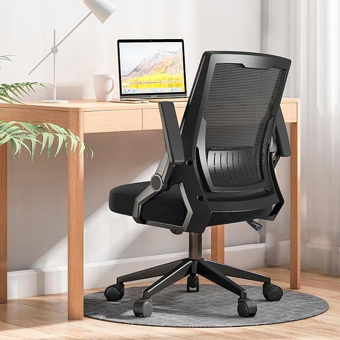 GTPOFFICE Ergonomic Office Chair, Computer Desk Chair Comfy with Adjustable Lumbar Support, Mid-Back Mesh Office Chair with Flip-up Armrest, Tilt Function Task Chair for Home, Bedroom, Gaming, Black